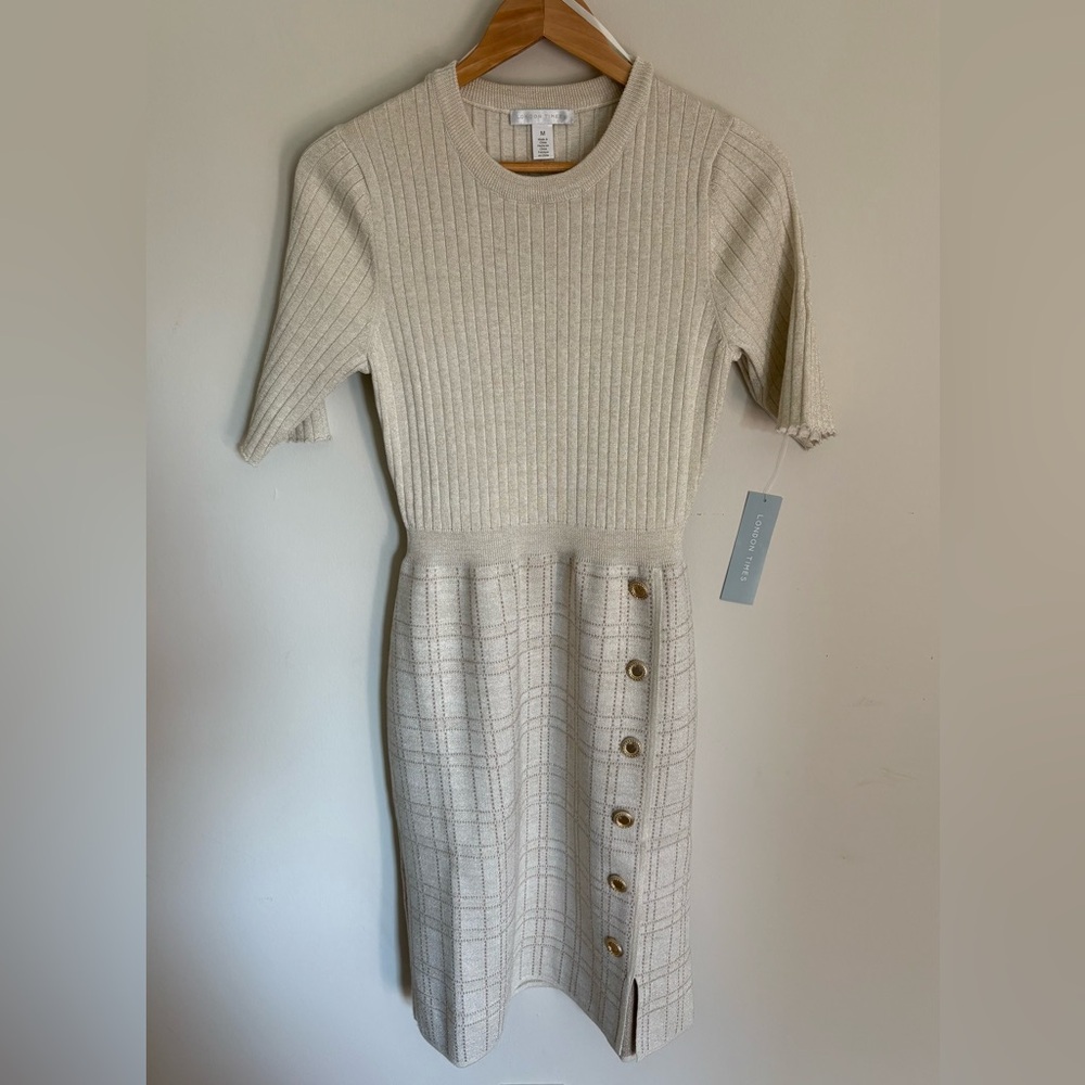 London Times Ivory & Gold Clare Sweater Dress NWT